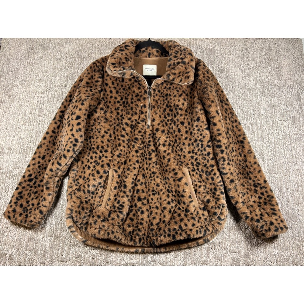 Abercrombie & Fitch Faux Fur Pullover Size M Brown Leopard Print Quarter Zip
